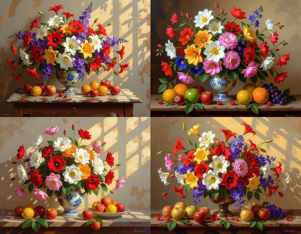 Vibrant Still Life of Flowers and Fruit in Mixed Artistic St...