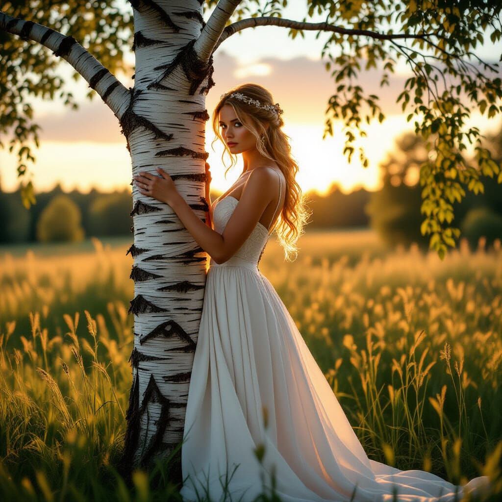 Woman in White Dress Tied to Birch Tree