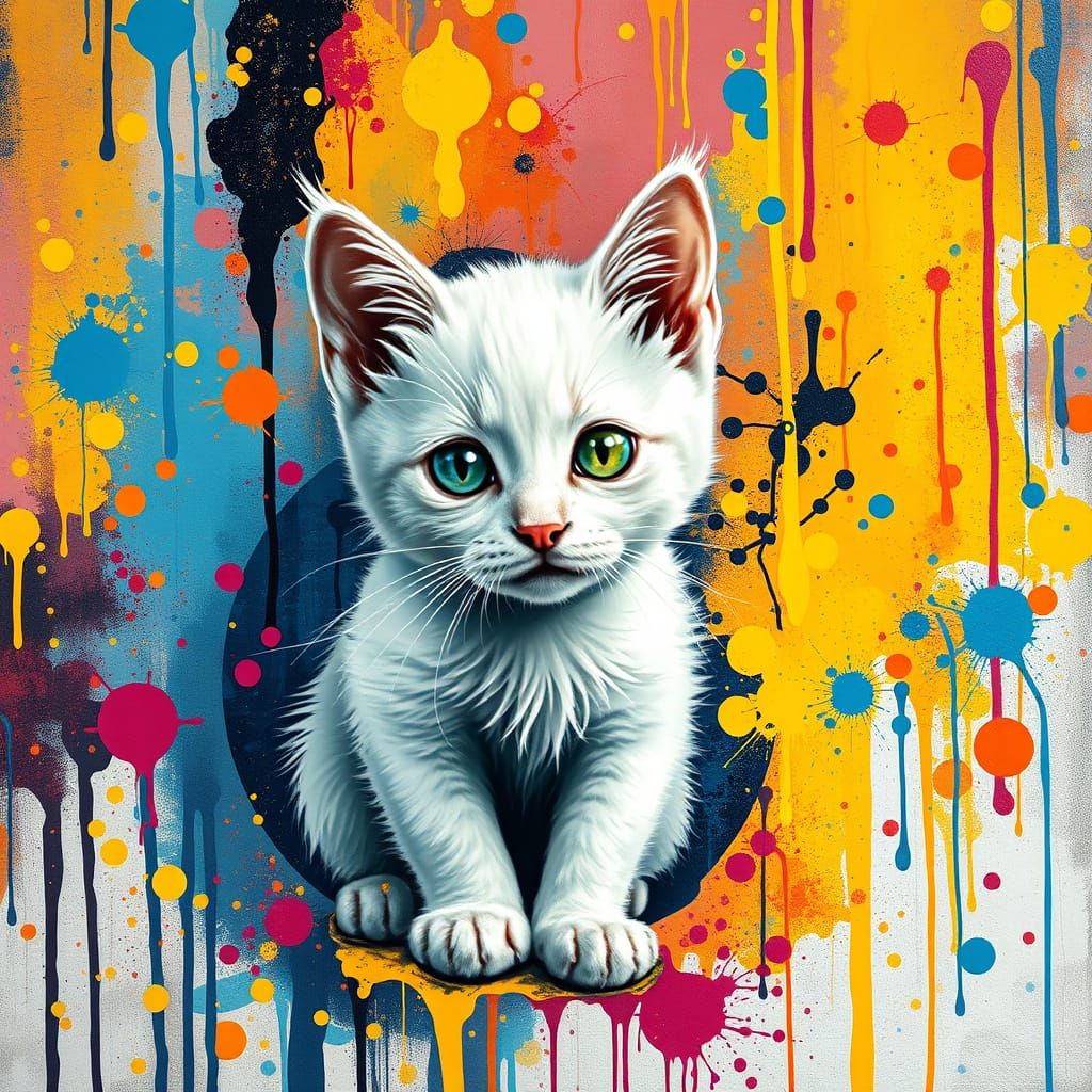 Vibrant White Cat in Graffiti Art Scene