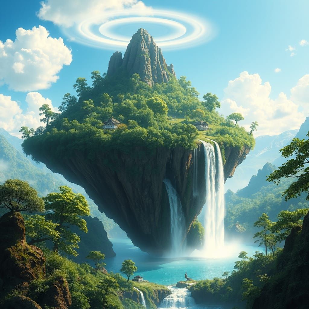 a purple  floating mountainous island waterfall, a beautiful pool with trees below, fantasy