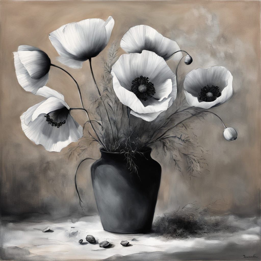 Nitram Charcoal Artistry, poppies, pot, delicate, ethereal beauty, Damian Goidich