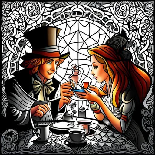 Alice's Tea Party: Stained Glass Wonderland Illustration