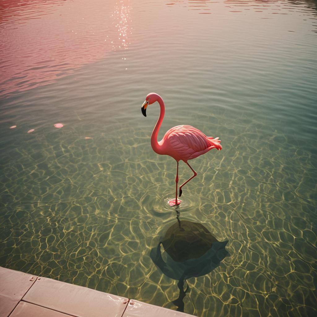 Inflatable Flamingo in Infinity Pool at Golden Hour