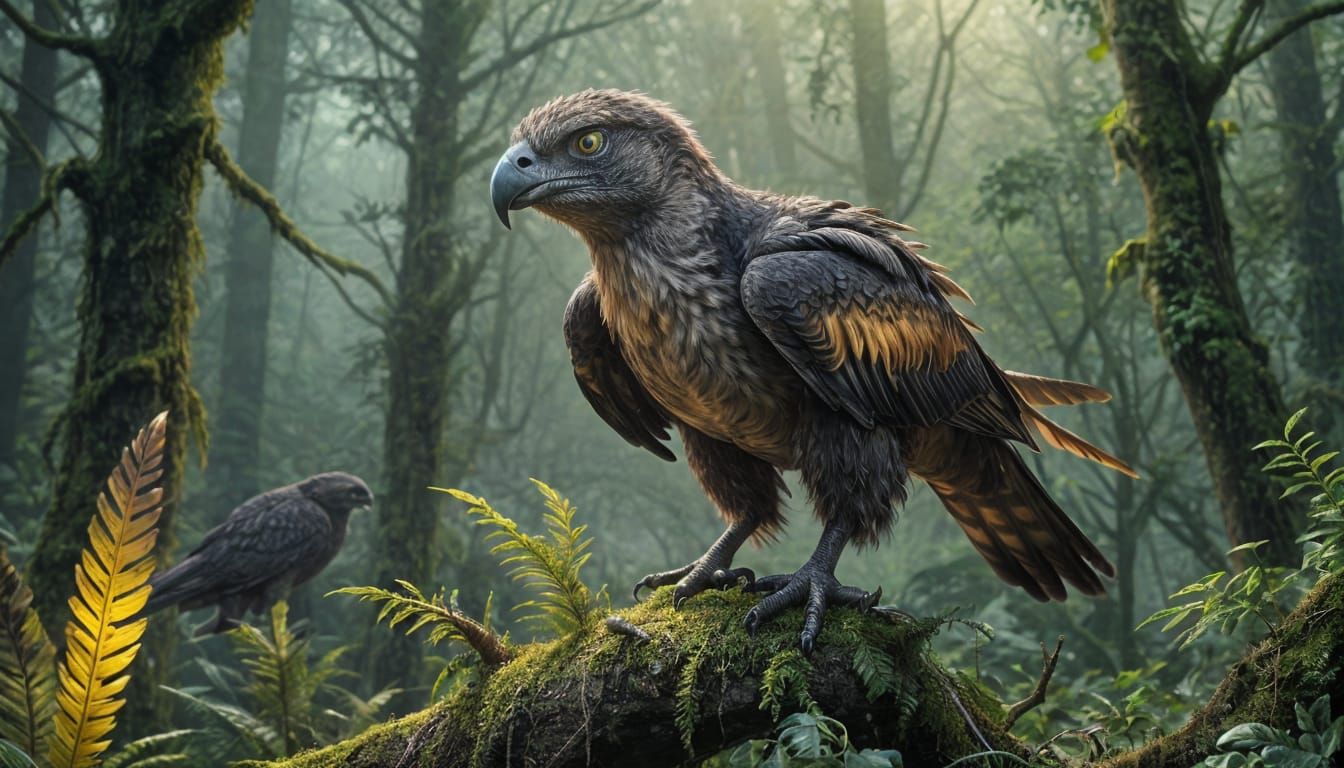 Feathered Raptor in Misty Jungle, Painterly Realism