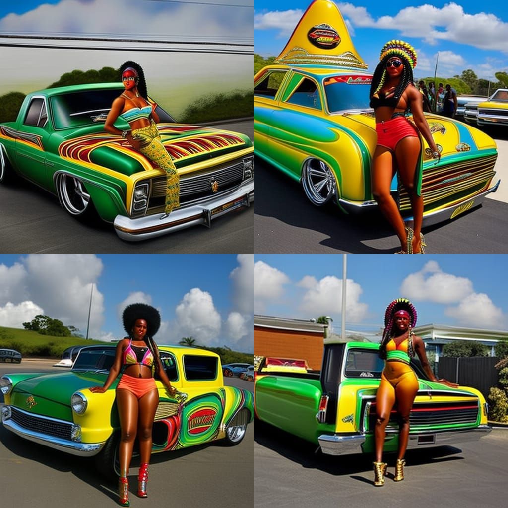 Jamaican Woman with Lowrider Truck, Hyperrealistic Portrait