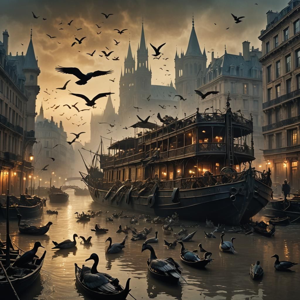 Grotesque Birds on River Barge in Gothic Paris
