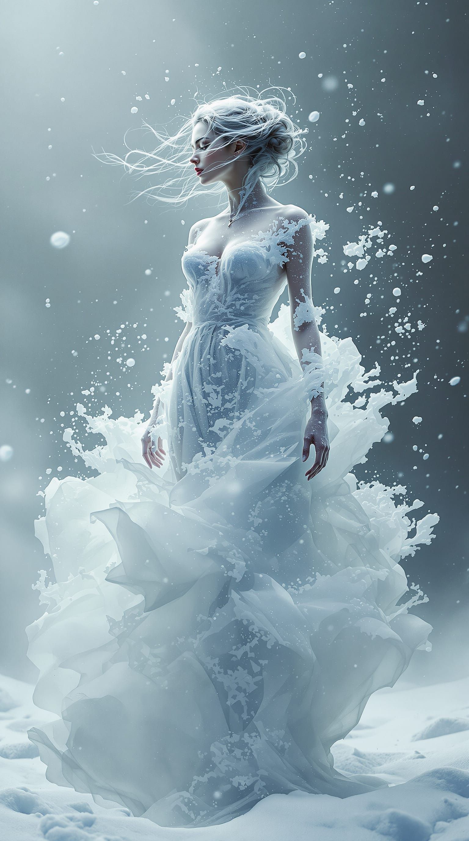 Ethereal Snow Woman in Surreal Landscape