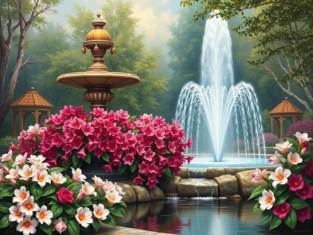 Fuchsia Flowers by Fountain in Luminist Style