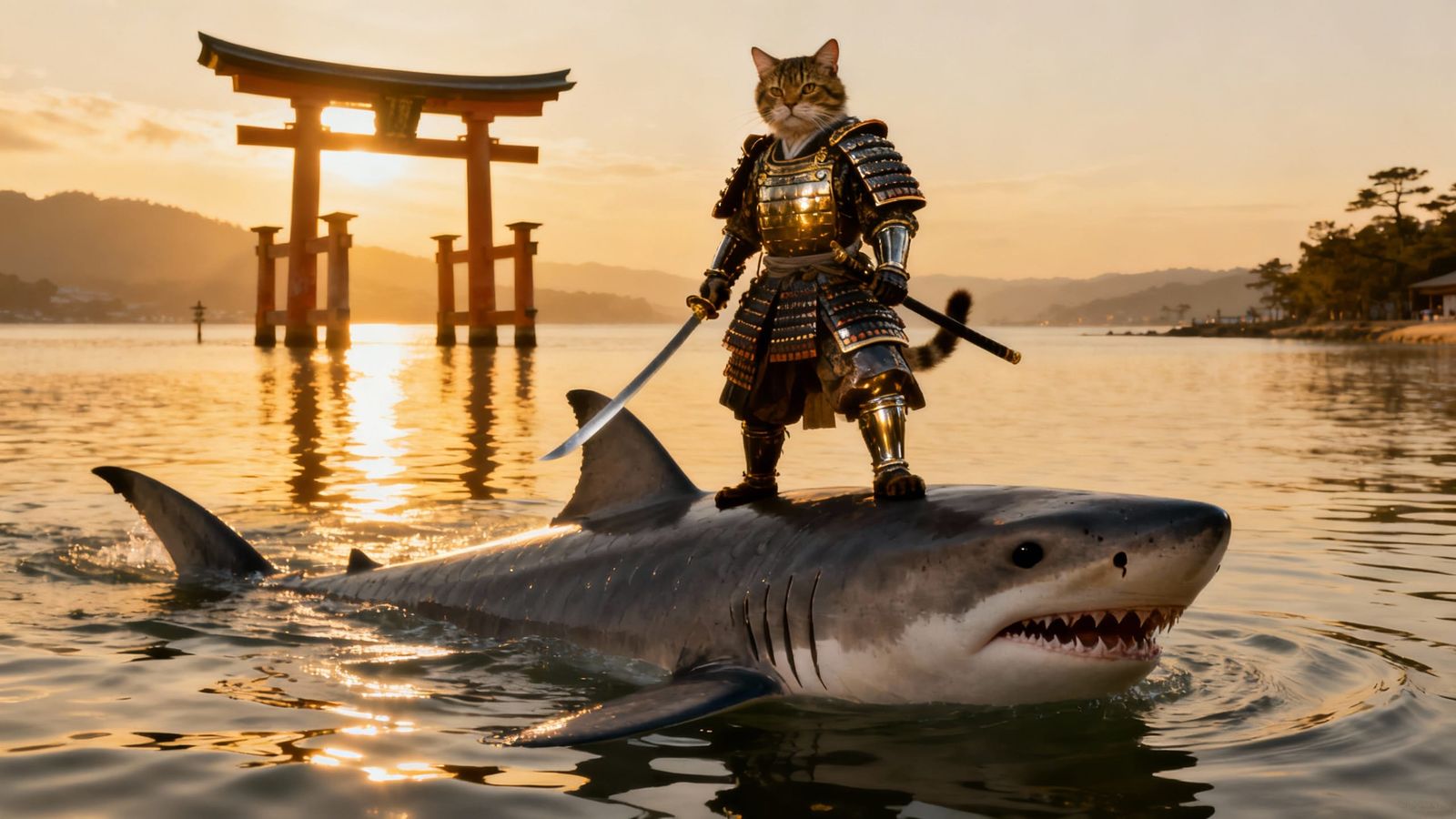 Feline Samurai on Shark at Itsukushima Shrine