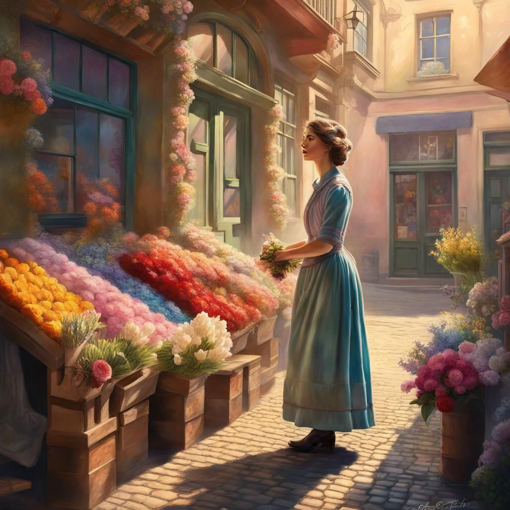 Charming Floral Shop Scene in Hyperrealistic Splash Art