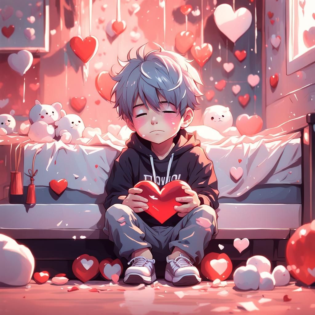 crying boy in bedroom with hearts
