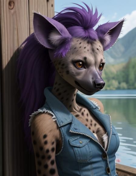 Punk-Rock Hyena on Lake Dock in Oil Pastel