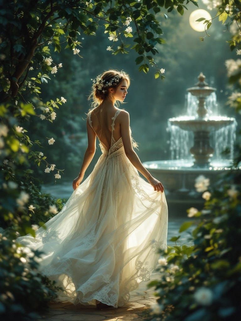 Fair Maiden in Enchanted Moonlit Garden, in Renaissance Styl...