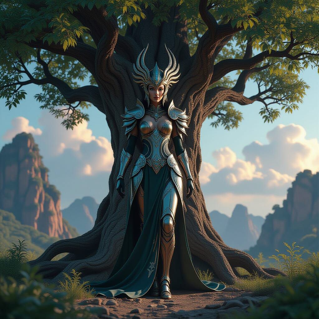 Goddess of Oak Trees in Epic Sci-Fi Landscape