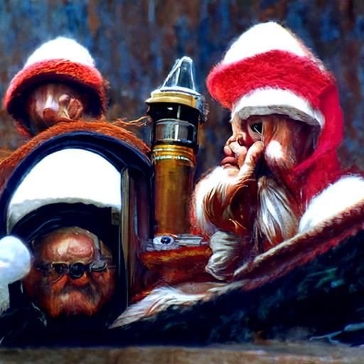 Santa Claus Spying on Children in Oil Painting