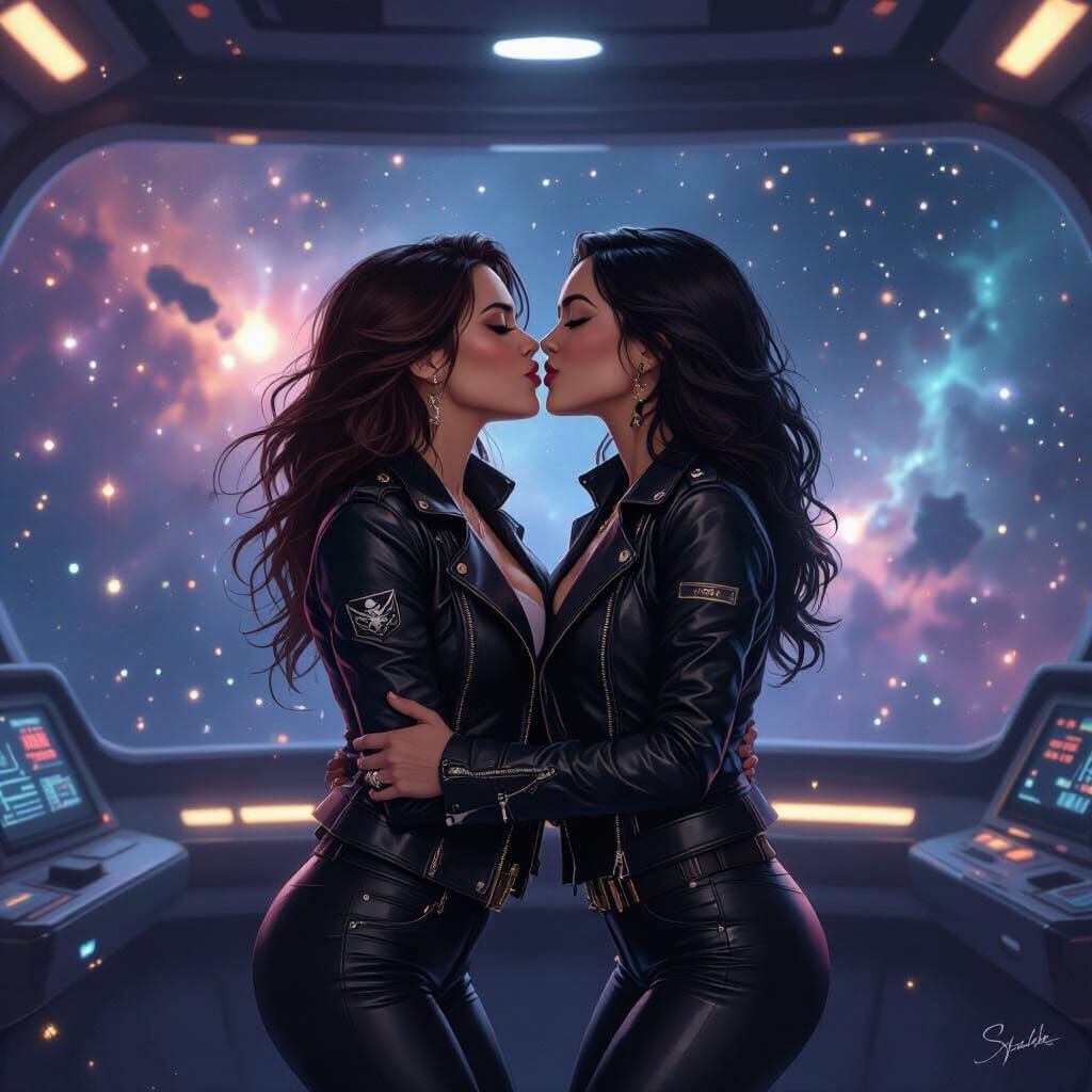 Space Pirate Women Share a Kiss in Dreamy Style