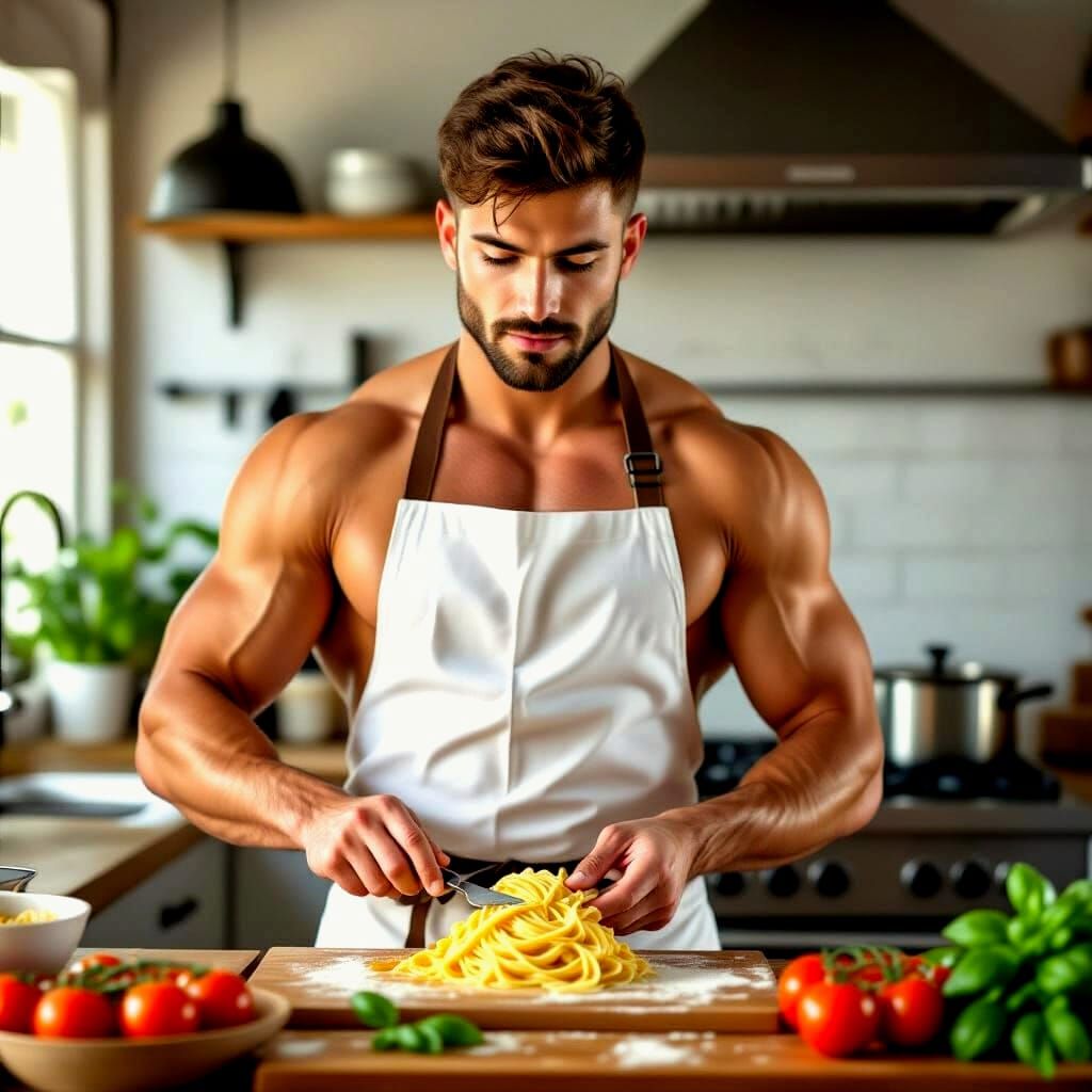 Muscular Chef Prepares Pasta in Modern Kitchen
