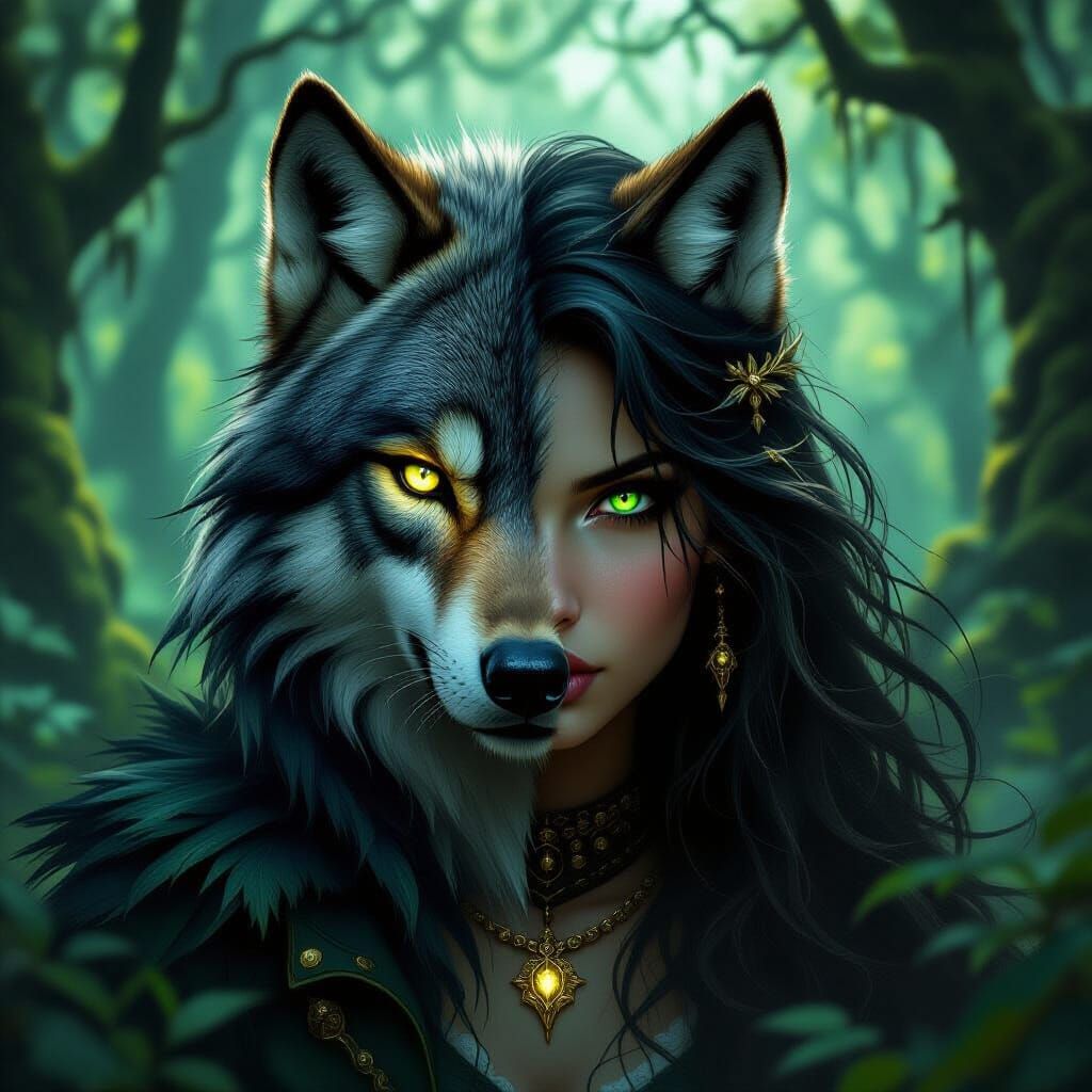 Wolf Girl Hybrid in Dark Fantasy Forest