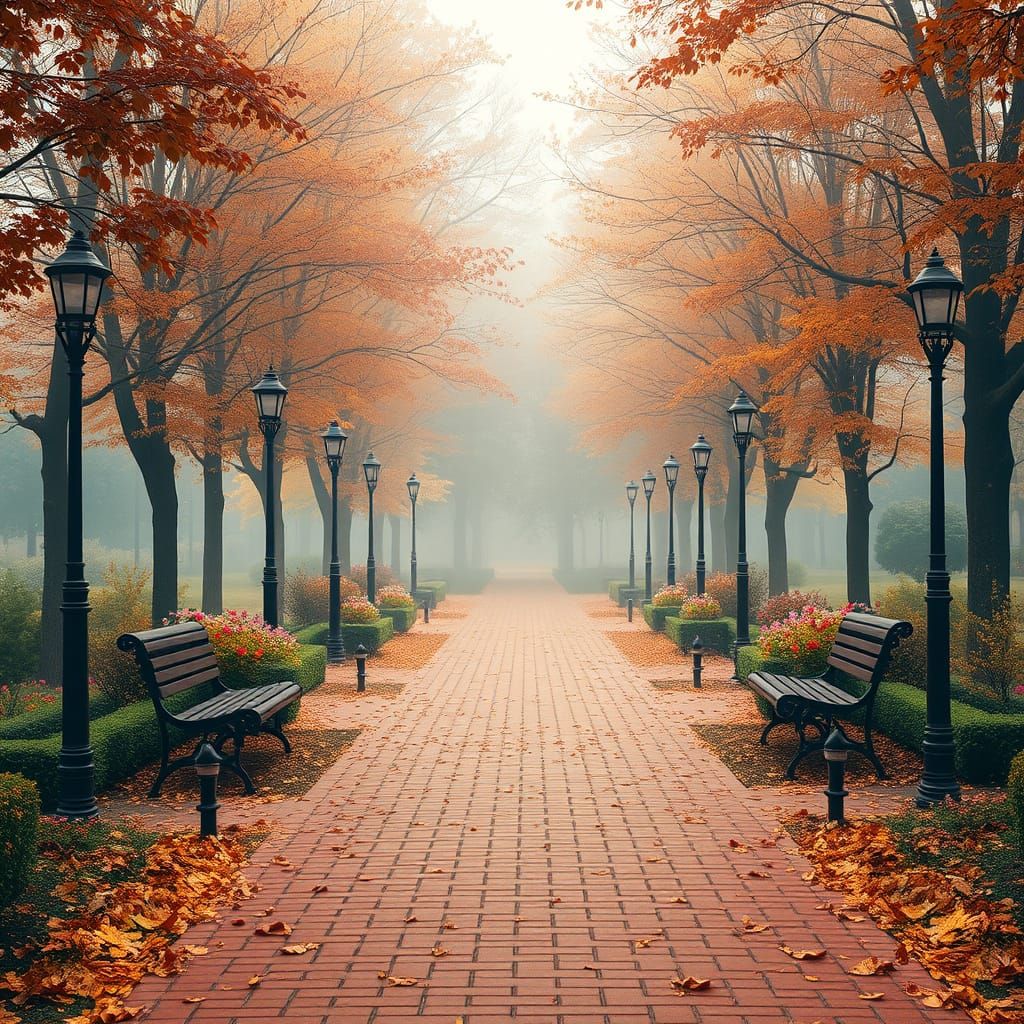 Autumn Park Pathway Serenity in Cinematic Lighting