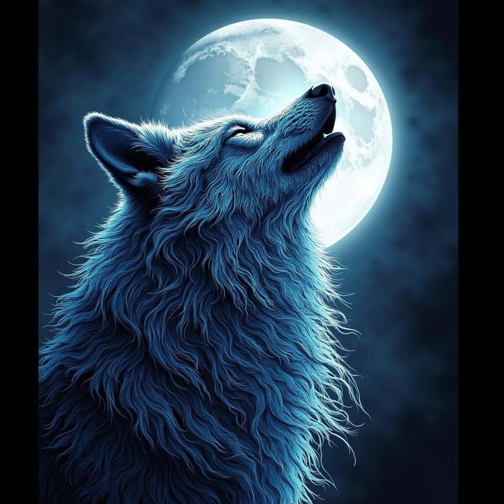 Abstract Fractal Wolf Howling at Moon in Zentangle Style