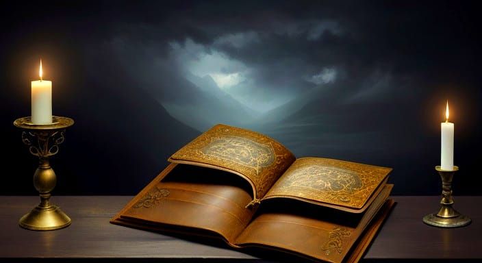 Fantasy Leather Book Illuminated with Candlelight