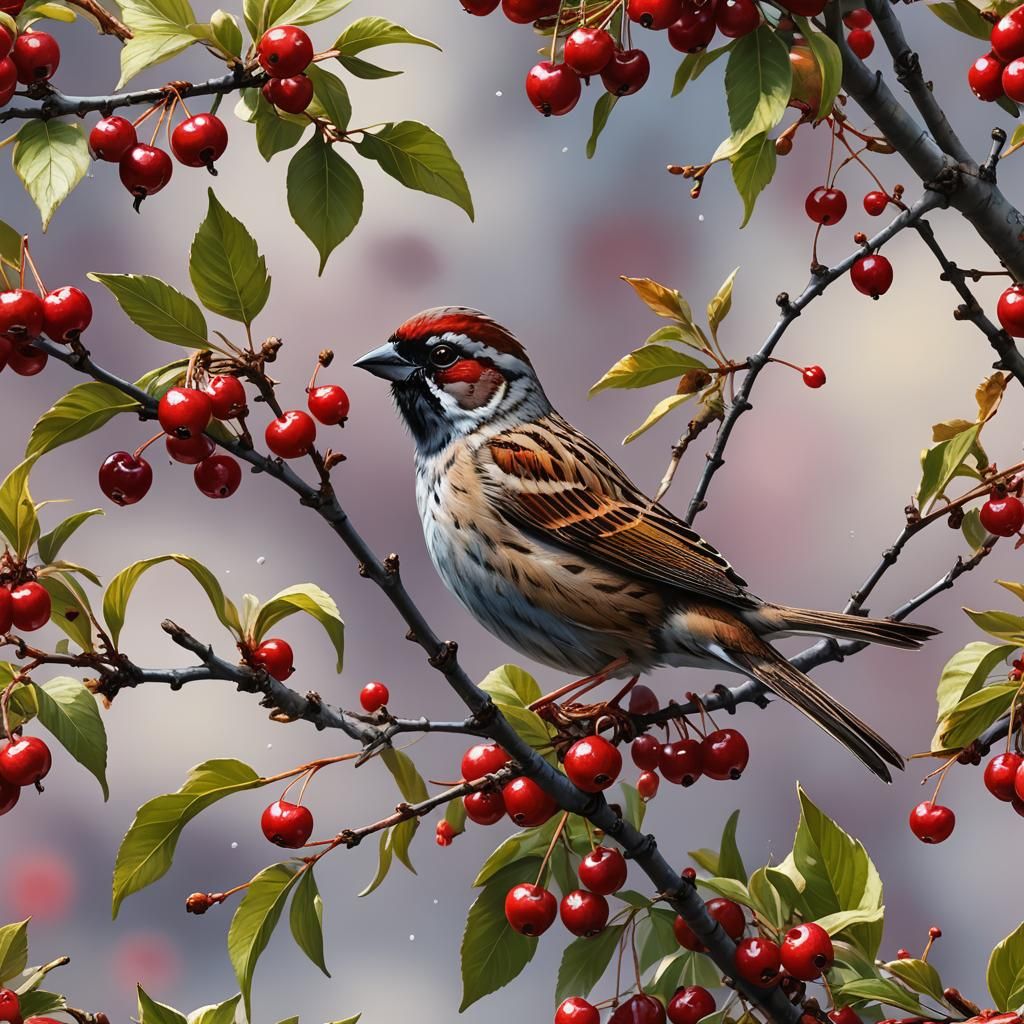Sparrow on Cherry Tree Branch, Hyperrealistic Splash Art