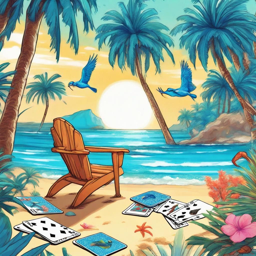 Birds Play Cards on Tropical Beach in Manga Style
