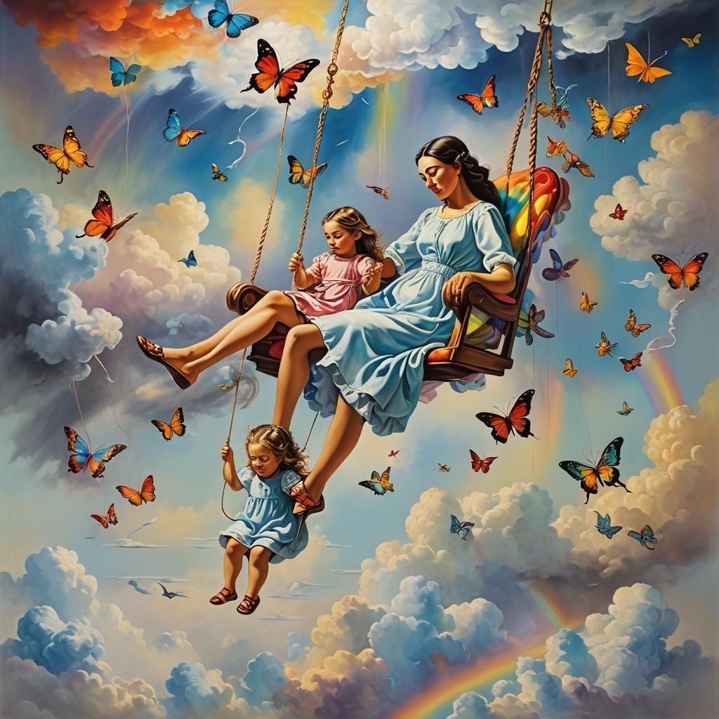 Mother and Daughter Swing in Rainbow Cloud Dreamscape