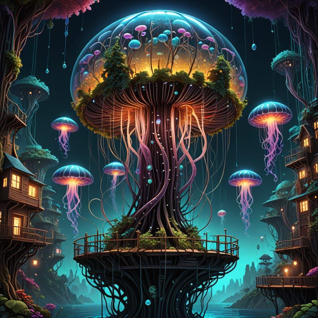 Futuristic Treehouse in a Bioluminescent Jellyfish, Cyberpun...