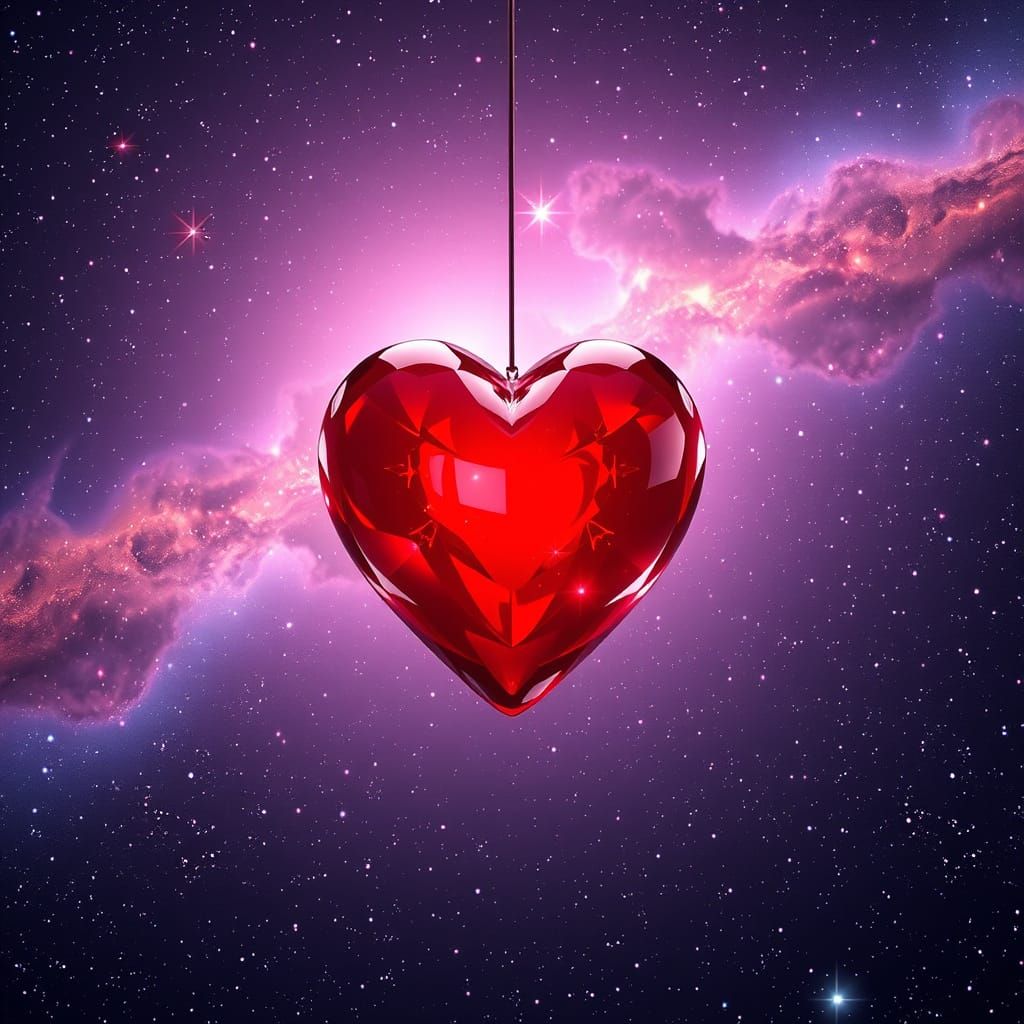 Ethereal Heart Radiates Cosmic Glow in Vibrant Red Glass