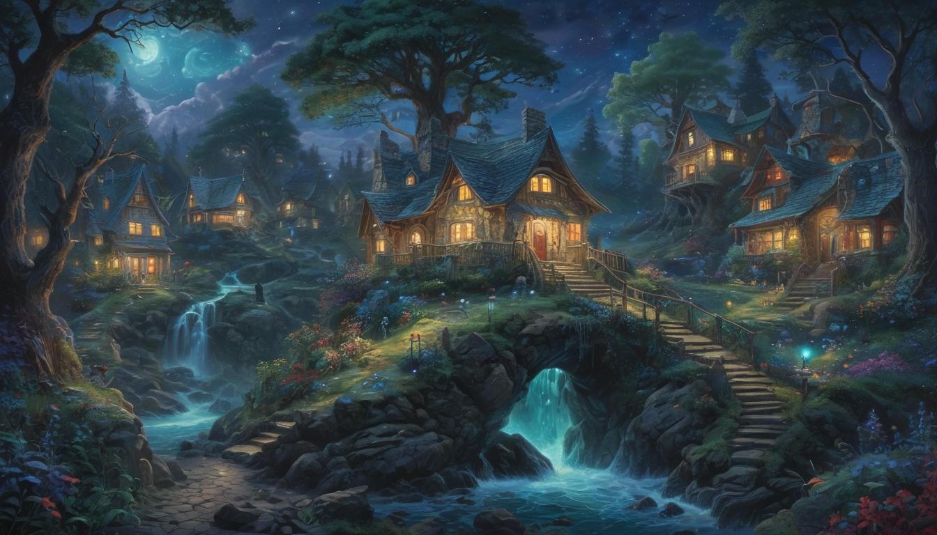 Ethereal Fantasy Forest with Creatures, Kinkade-Inspired