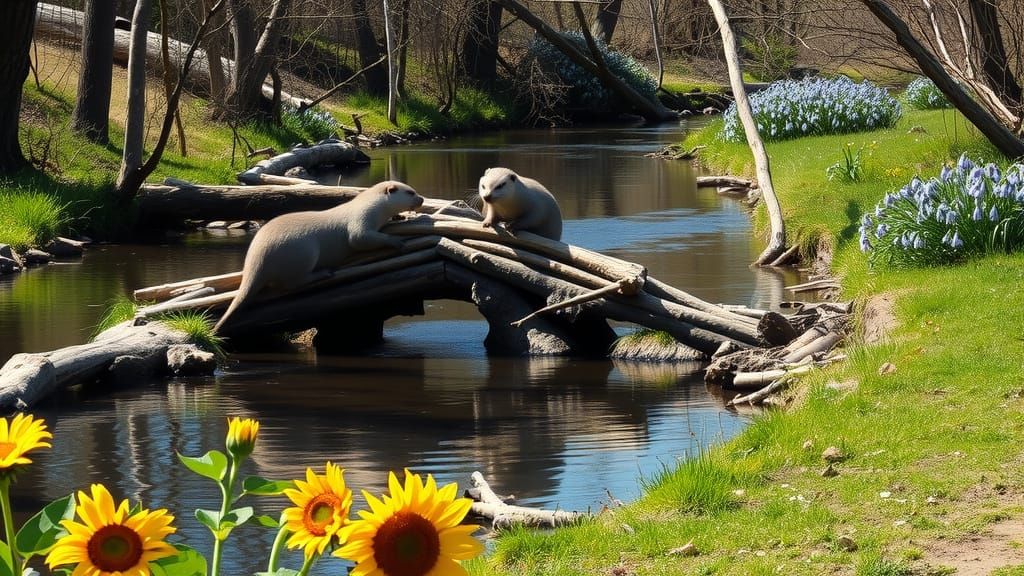 Otters Building a River Bridge on a Sunny Day