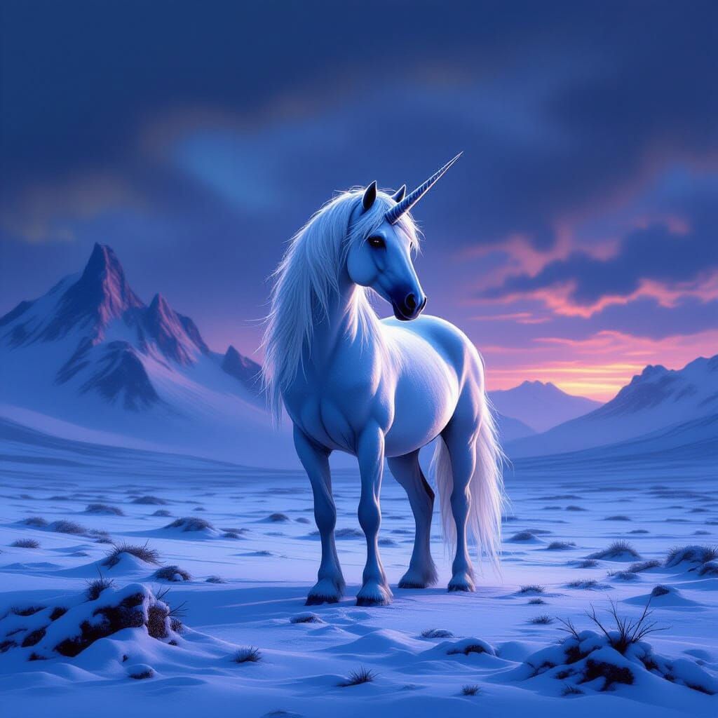 Majestic Frost Unicorn in Twilight Snowscape