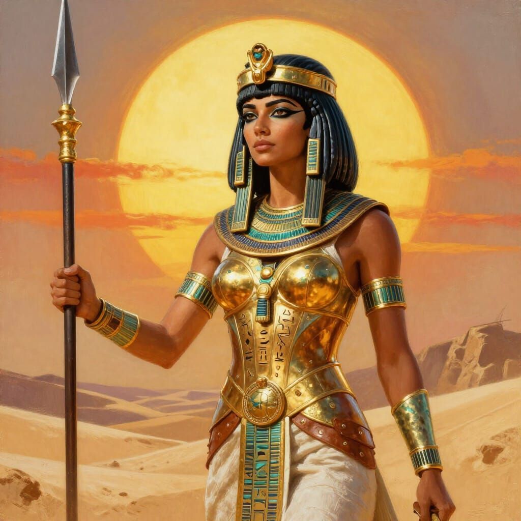 Egyptian Warrior Woman with Golden Spear in Desert Sun