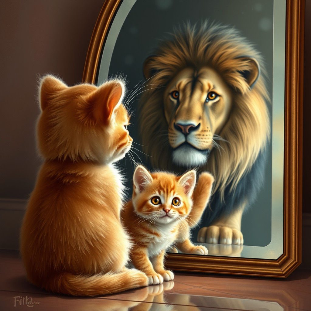 Kitten's Reflection: A Majestic Lion
