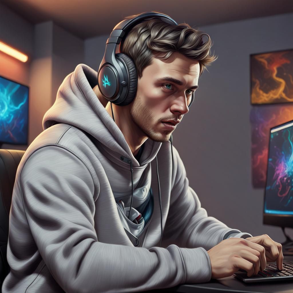 Gamer in Hyperrealistic Gaming Room Concept Art