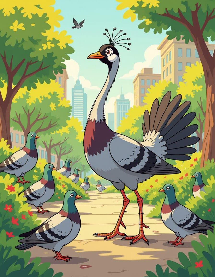 Ostrich-Mimicking Pigeon in Cartoon Style
