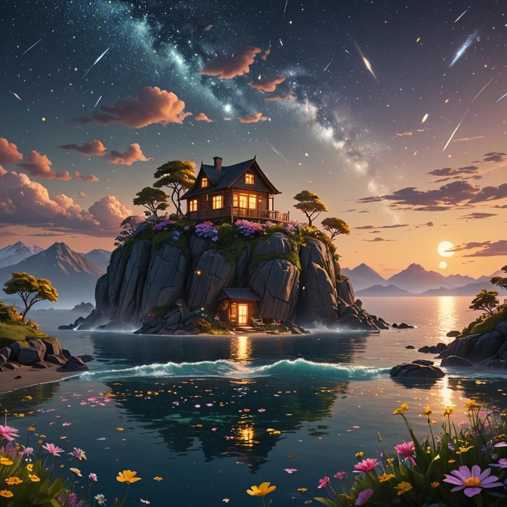 Island Home Under a Starry Sky