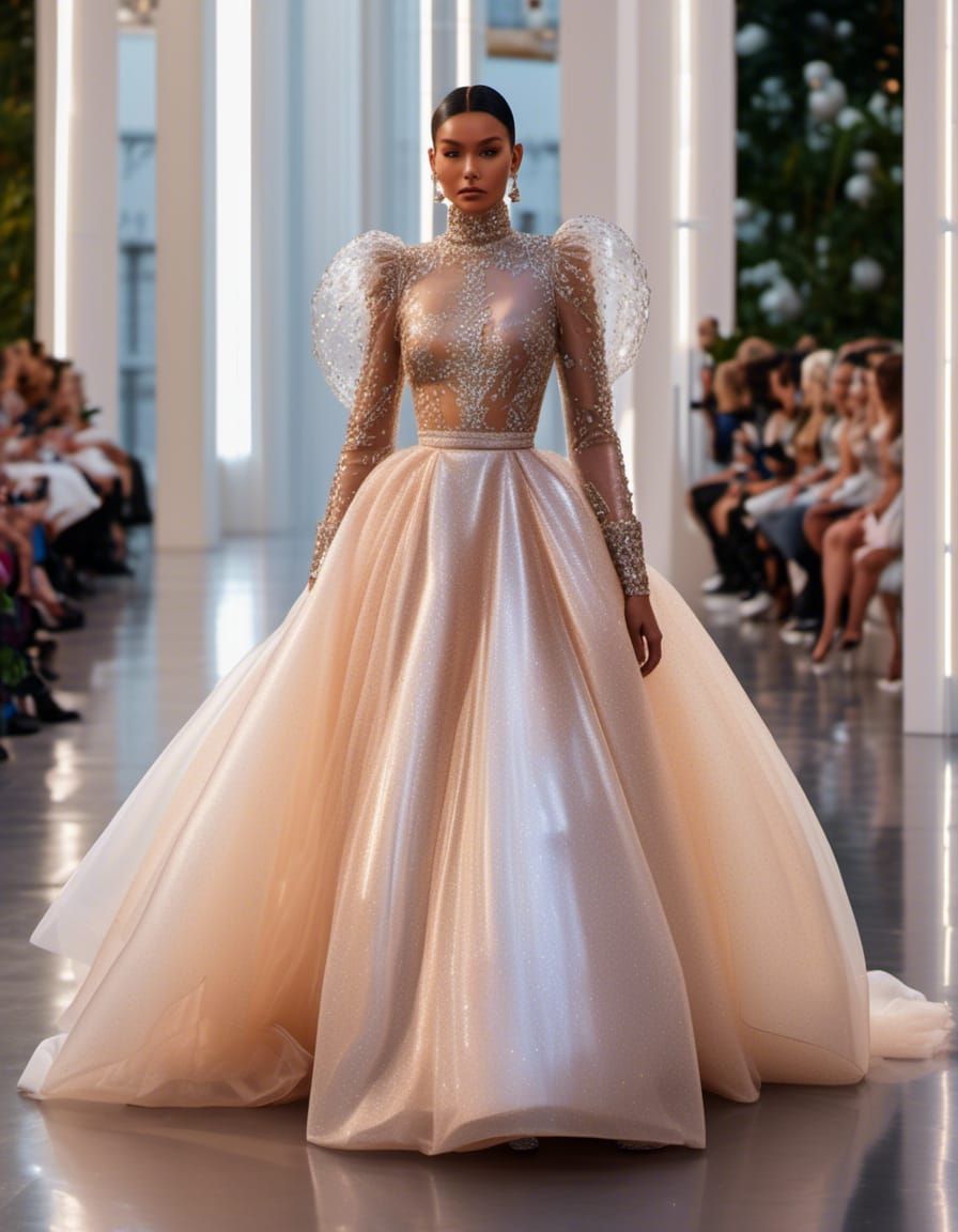 Woman in Sheer Organza Ballgown by Pool