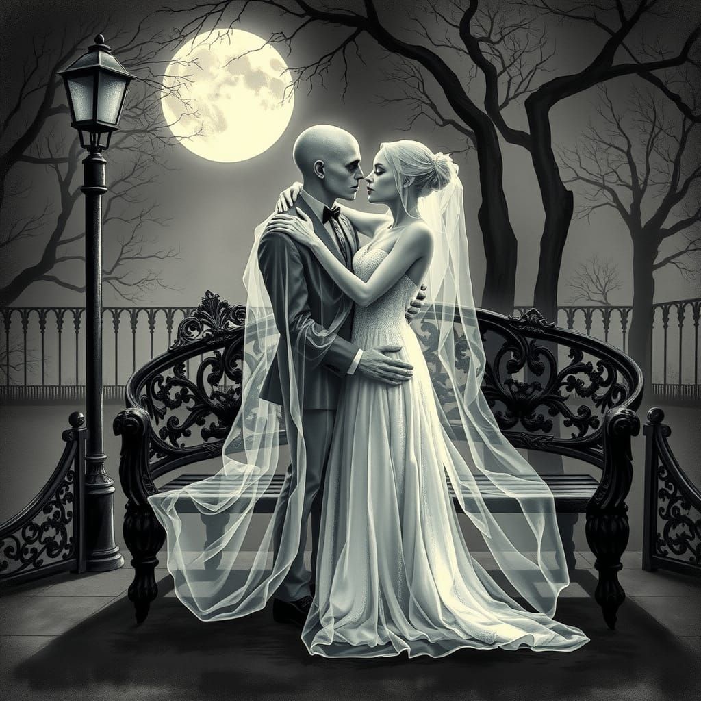 Ethereal Embrace: Gothic Vaporwave Couple in Moonlight