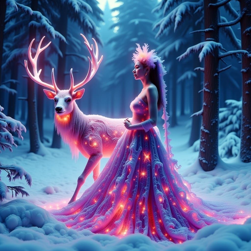 Woman and Deer in Psychedelic Winter Wonderland