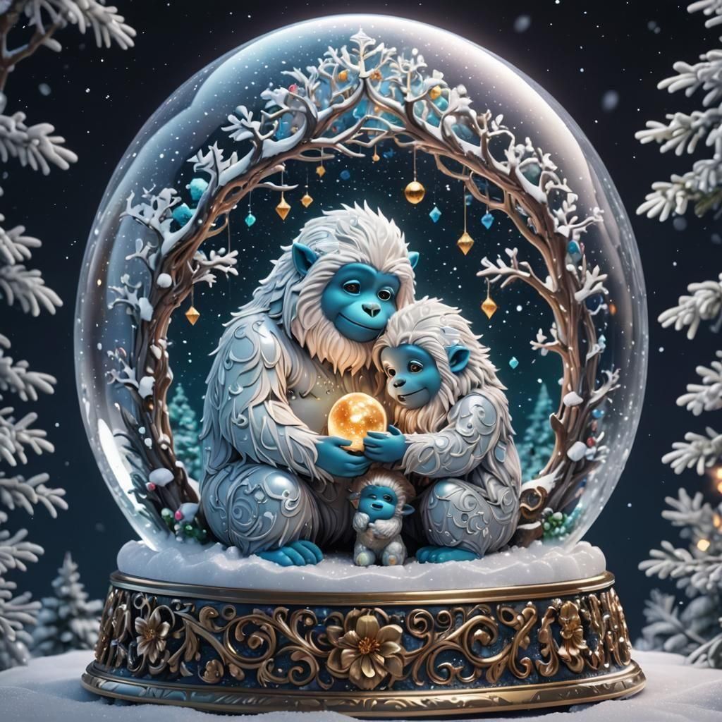 Moonlit Yeti Family in Snowglobe: 3D Anime Art