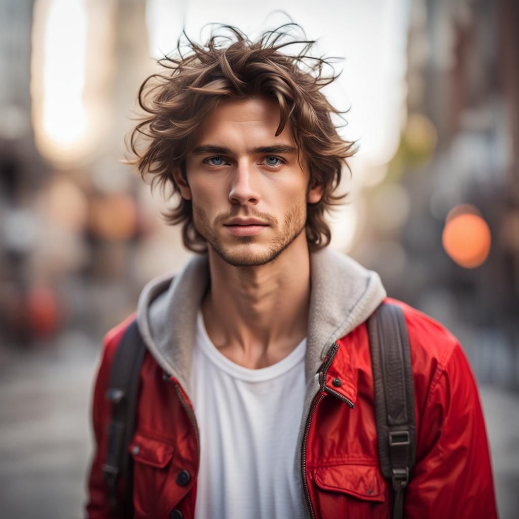Young Man in Red Jacket, Realistic Portrait