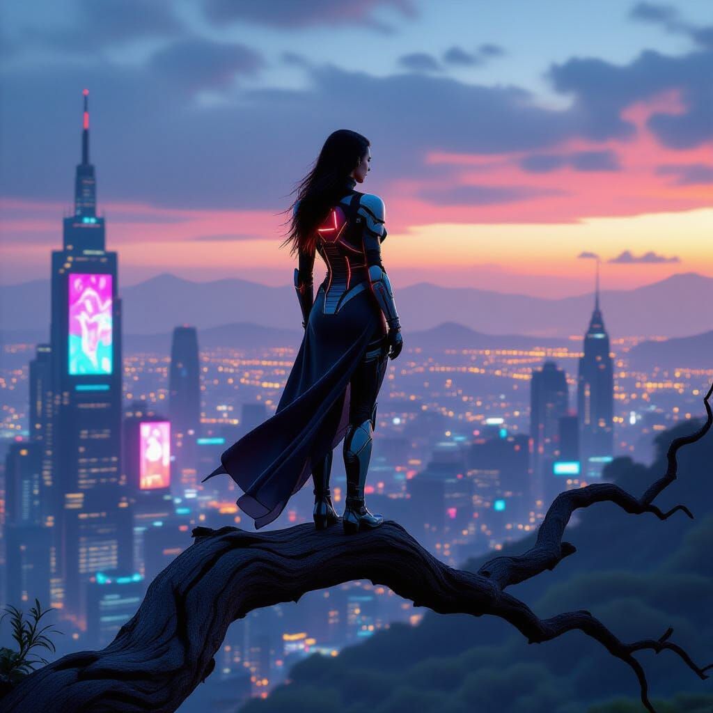 Cyberpunk Model Overlooking Futuristic Cityscape