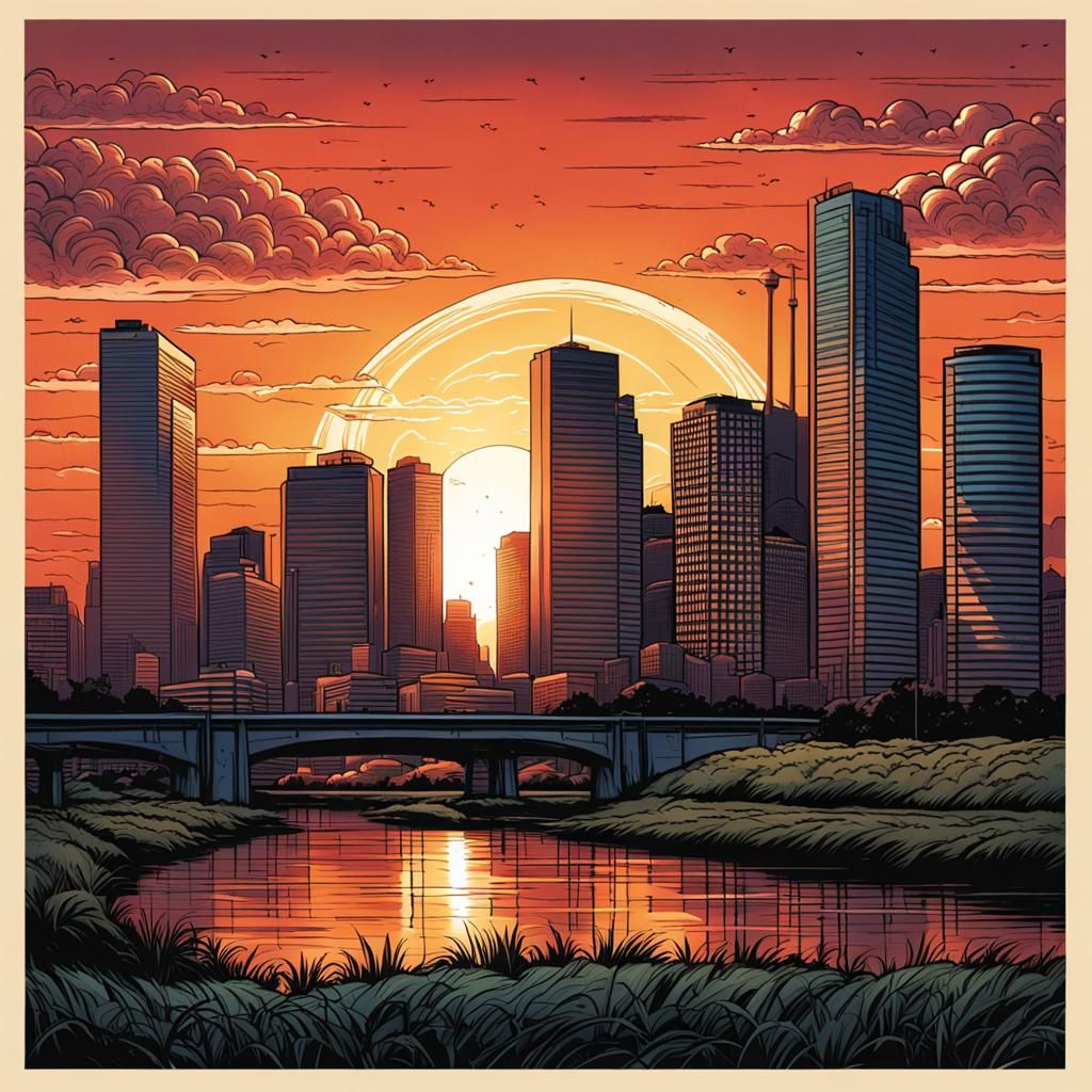 Houston Sunset Skyline in Comic Book Style