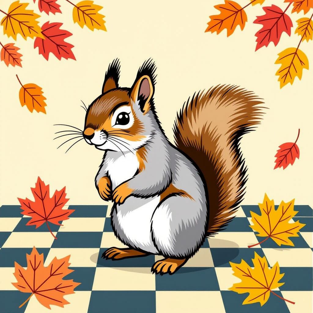 Whimsical Squirrel on Checkerboard Floor Illustration