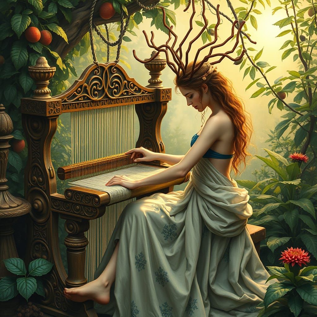 Arachne Goddess Weaves Luminous Tapestry in Dreamlike Waterc...