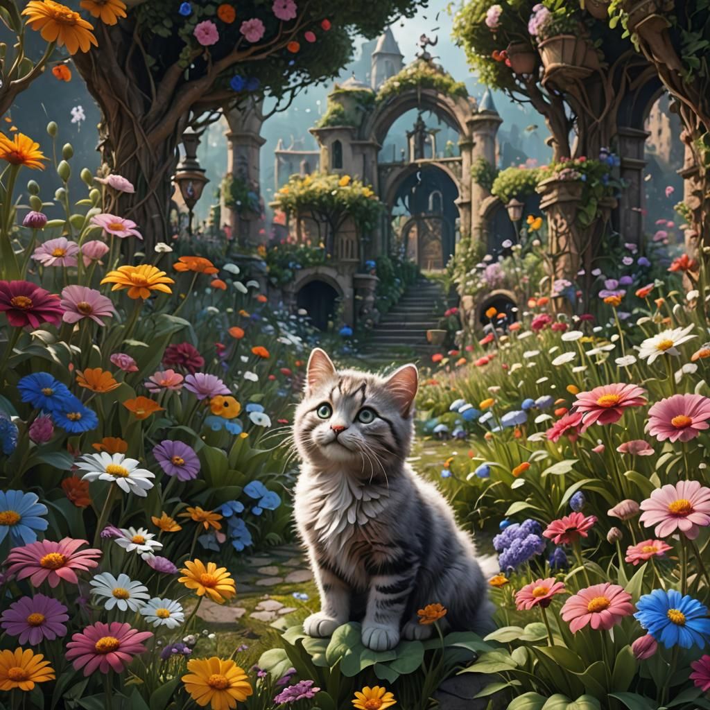 Cat Nursing Kittens in Forget-Me-Not Garden