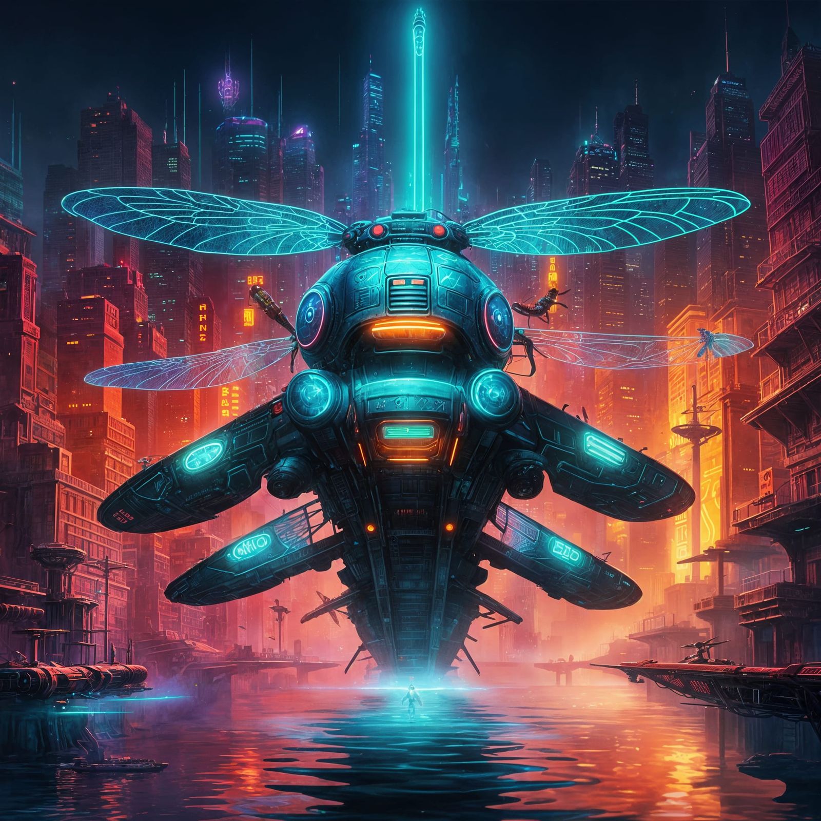 Neon Dragonfly Submarine Over Cyberpunk Cityscape