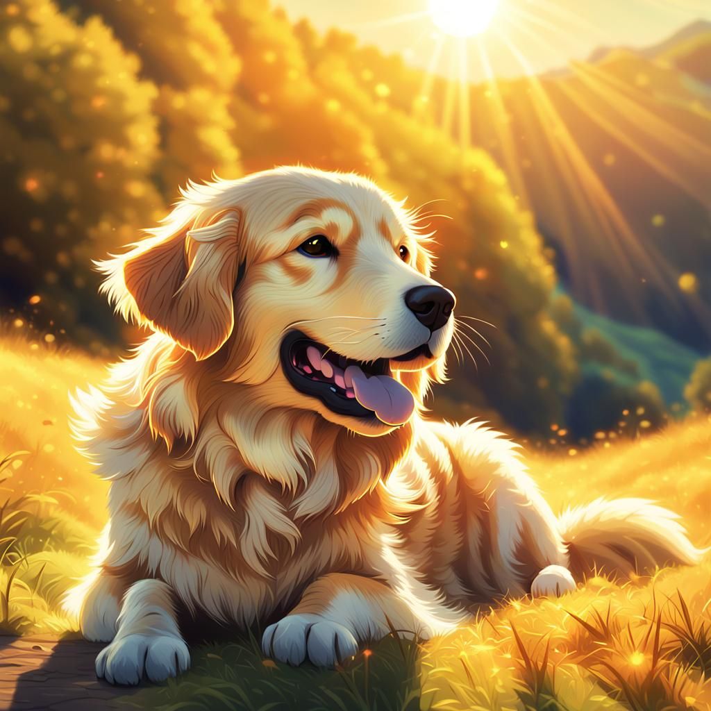 Cute Golden Retriever on Sunny Hill in Anime Style